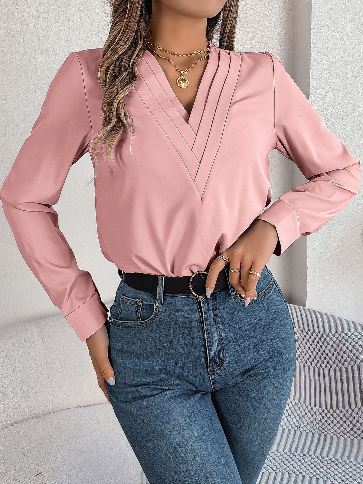 Elegant V-Neck Layered Long Sleeve Blouse For Women – Fall/Winter Essential, Solid Color, Comfortable Polyester_ecoleips.com