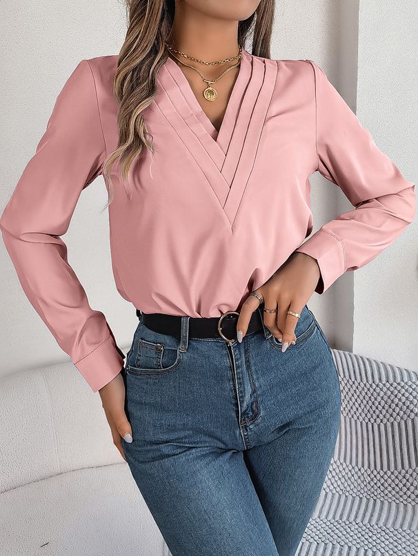 Elegant V-Neck Layered Long Sleeve Blouse For Women – Fall/Winter Essential, Solid Color, Comfortable Polyester_ecoleips.com