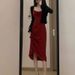 Little Mom Style Elegant Mid-Length Waist-Cinching Ruched Slimming Strap Dress Black Cardigan Two-Piece Set_ecoleips.com