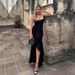 Women's Sexy V Neck Halter Ruched Ruffled Asymmetrical Maxi Dress – Elegant Evening Gown_ecoleips.com