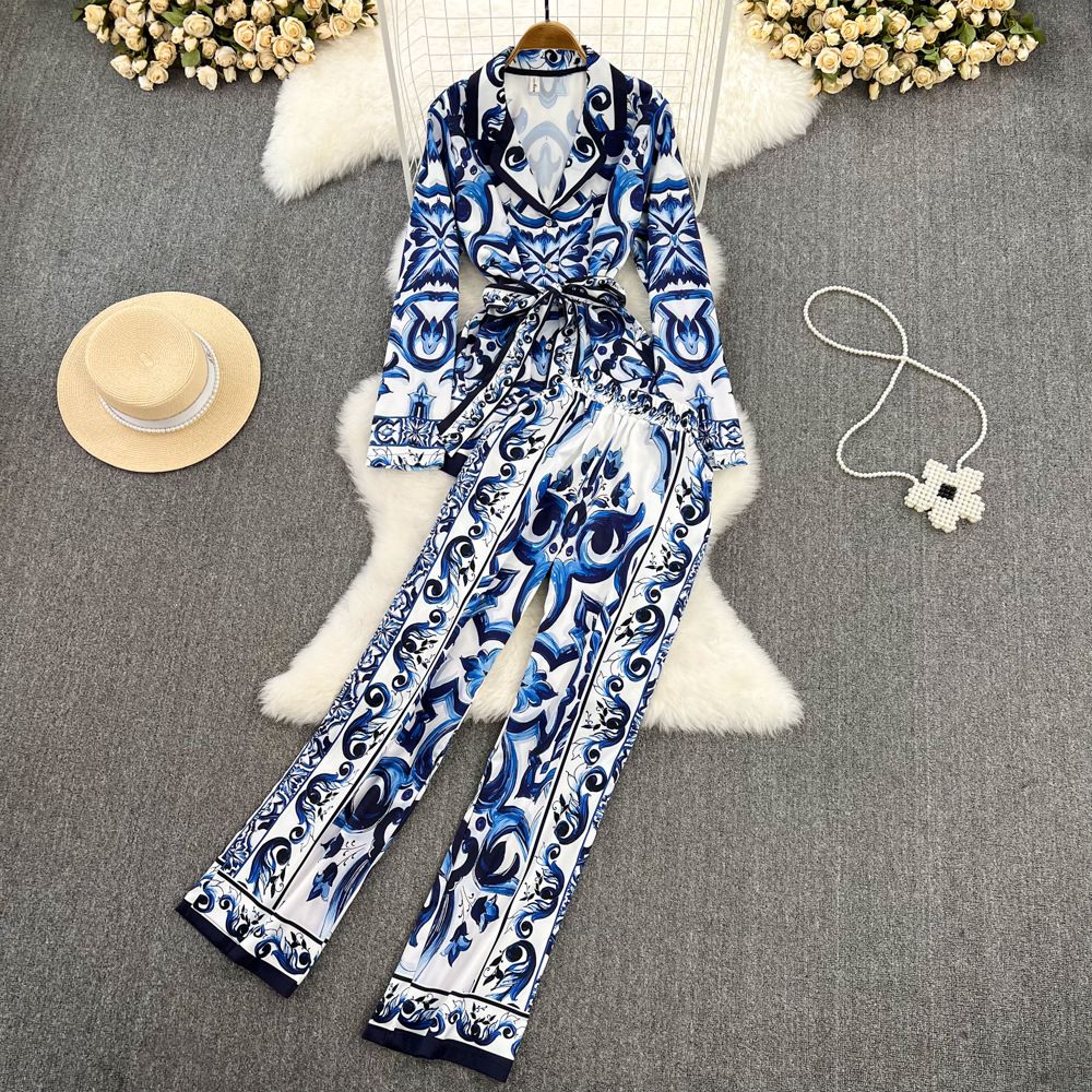 Fashion Suit For Women With Blazer Collar, Celadon Print, Waist-Cinching Shirt, Two-Piece Set, Casual High-Waisted_ecoleips.com