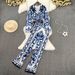 Fashion Suit For Women With Blazer Collar, Celadon Print, Waist-Cinching Shirt, Two-Piece Set, Casual High-Waisted_ecoleips.com