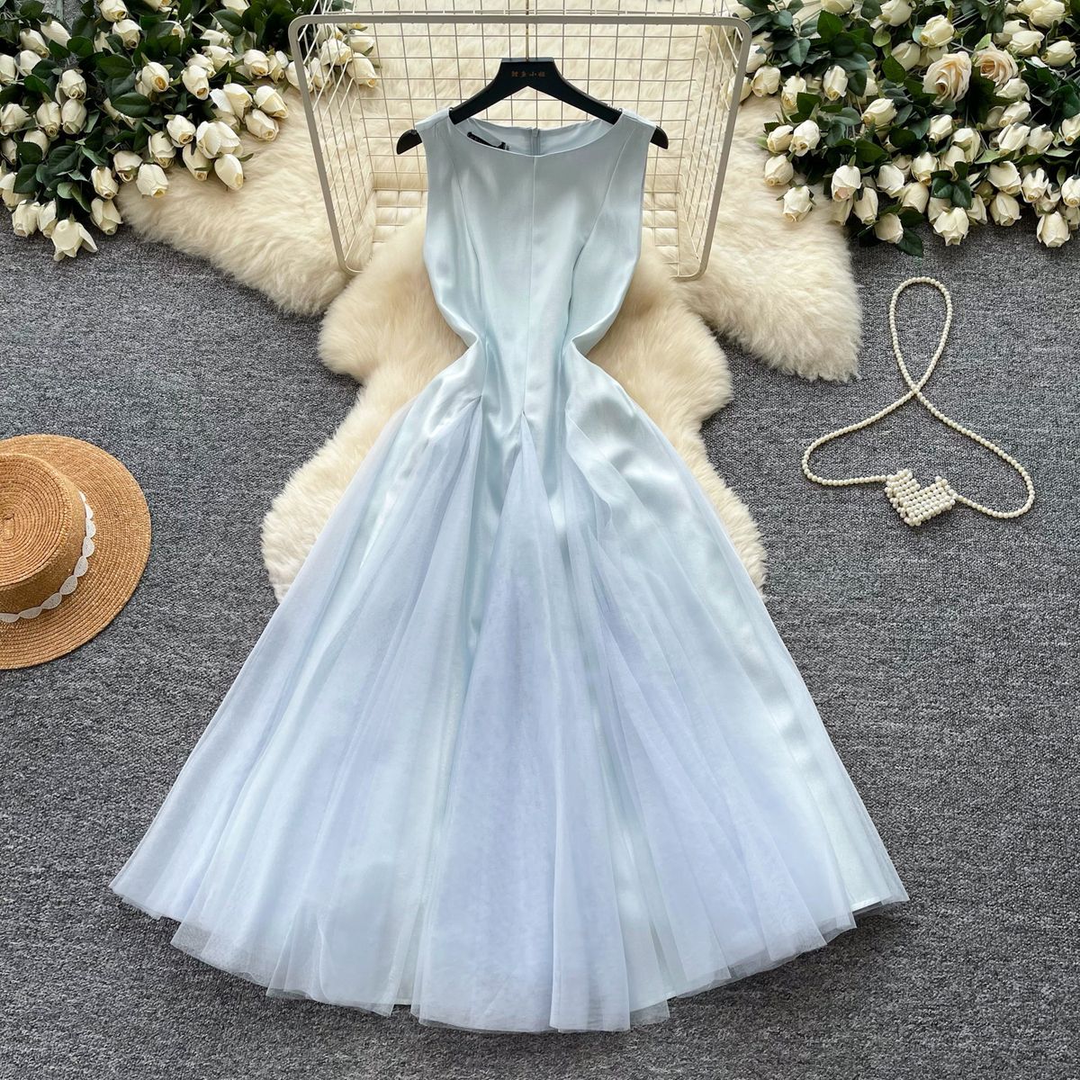 Women's French Style Sleeveless A-Line Dress Pink round Neck High Waisted Slimming Elegant Full Skirt Summer Style_ecoleips.com