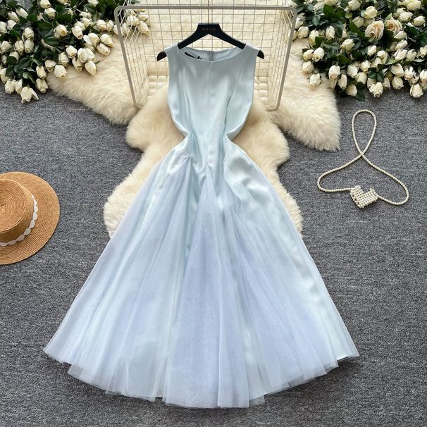 Women's French Style Sleeveless A-Line Dress Pink round Neck High Waisted Slimming Elegant Full Skirt Summer Style_ecoleips.com