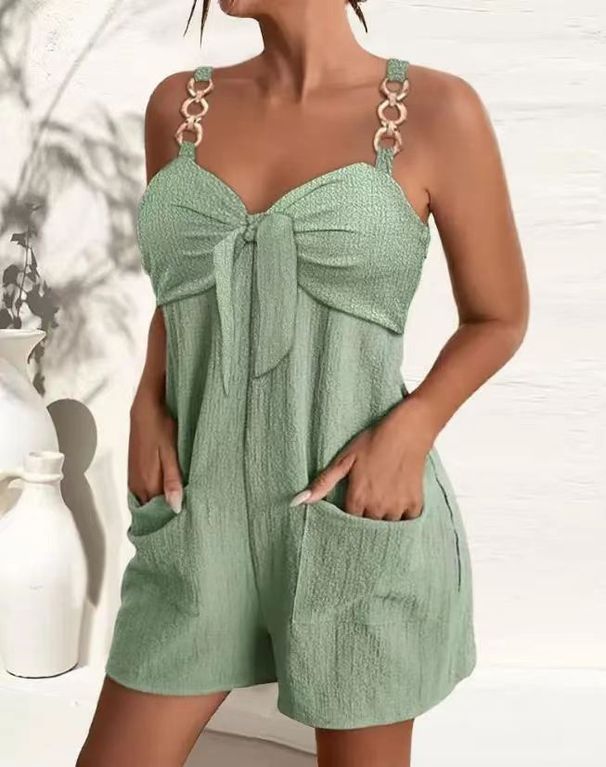 Women's Clothing Elegant Solid Color Metal Suspender Pocket Short Casual Jumpsuit_ecoleips.com