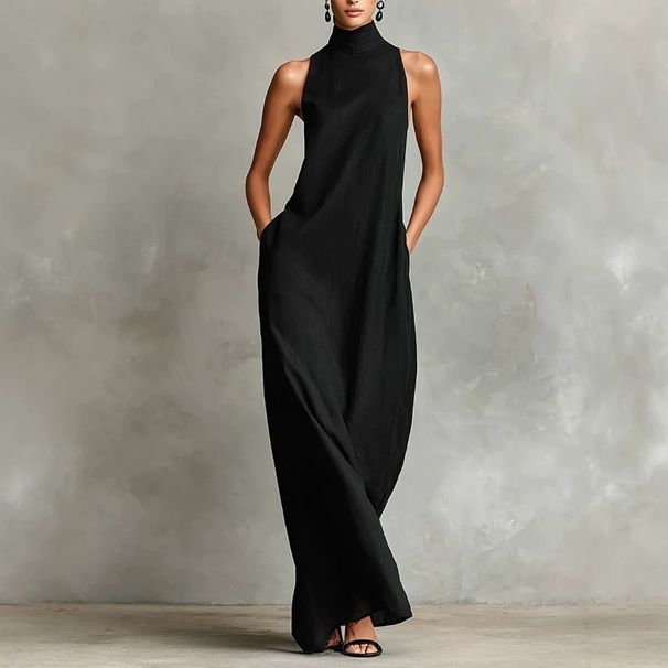 Women's Mock Neck Sleeveless Solid Color Maxi Dress – Elegant Minimalist Resort Gown 2026_ecoleips.com