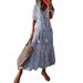 Casual Sweet Loose V-neck Print Beard Medium Sleeve Long Dress Women_ecoleips.com