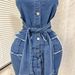 Women's Slim Fitting Denim Dress Tube Top Single Breasted Long Skirt With Raw Edges Double Pockets Lace-Up Hip Wrapped Sexy Summer American Style_ecoleips.com