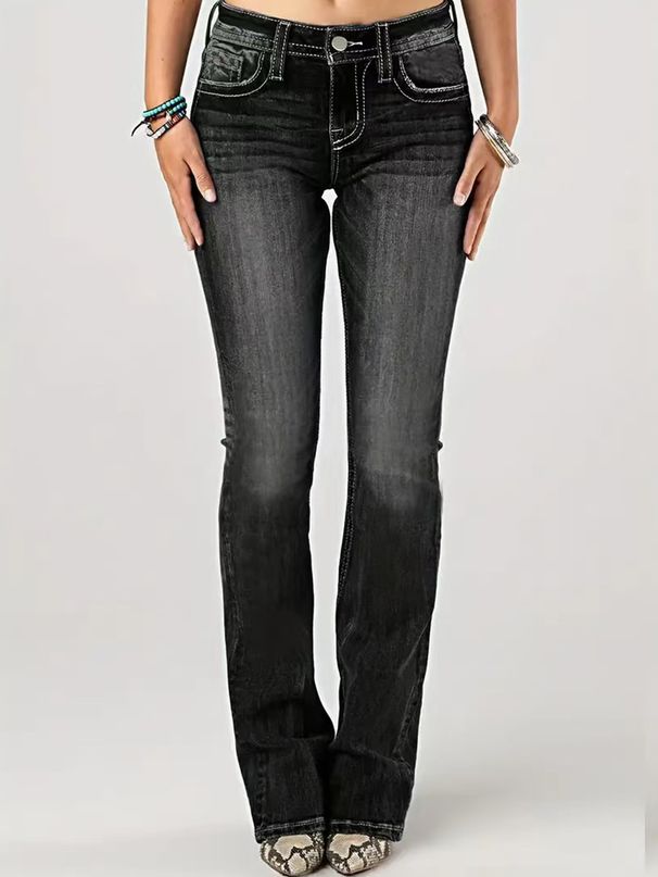 Women's Clothing Casual Pocket Embroidery Flared Jeans_ecoleips.com