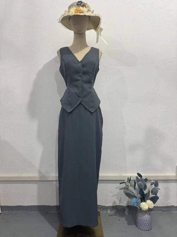 Women's Two Piece Set Sleeveless Midi Skirt Solid Color Loose Fitting Lightweight Summer Outfit_ecoleips.com
