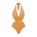 Women's Golden Glossy One Piece Swimsuit Halter Neck Deep V Straps High-End Simple Swimwear For Vacation And Summer_ecoleips.com