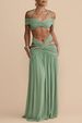 European American Style Women's Halter Neck Strapless Pleated Midriff Hollowed out Slimming Draped Long Dress Two Piece Set_ecoleips.com