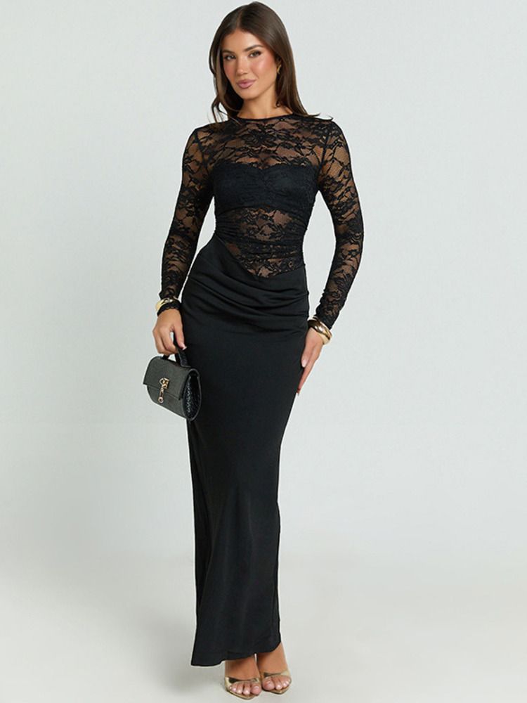 Mozision Lace Patchwork Sexy Maxi Dress Women Gown Fashion See Through Long Sleeve High Waist Ruched Club Party Long Dresses_ecoleips.com