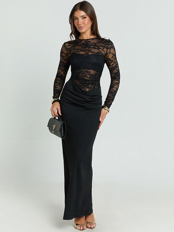 Mozision Lace Patchwork Sexy Maxi Dress Women Gown Fashion See Through Long Sleeve High Waist Ruched Club Party Long Dresses_ecoleips.com