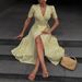 Women's V-Neck Floral Wrap Dress – Summer Boho Midi Dress With Side Slit & Waist Tie (Yellow) Versatile Length_ecoleips.com