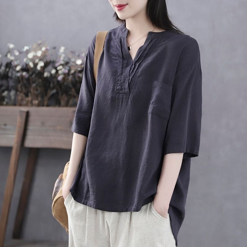 2026 Artistic Retro Summer V-Neck Cotton Linen Top Slimming Age-Reducing Temperament Short-Sleeved T-Shirt Women's Loose_ecoleips.com
