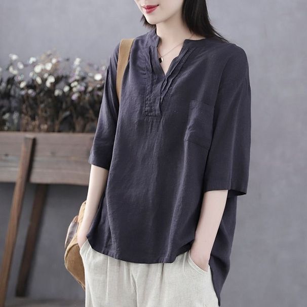 2026 Artistic Retro Summer V-Neck Cotton Linen Top Slimming Age-Reducing Temperament Short-Sleeved T-Shirt Women's Loose_ecoleips.com