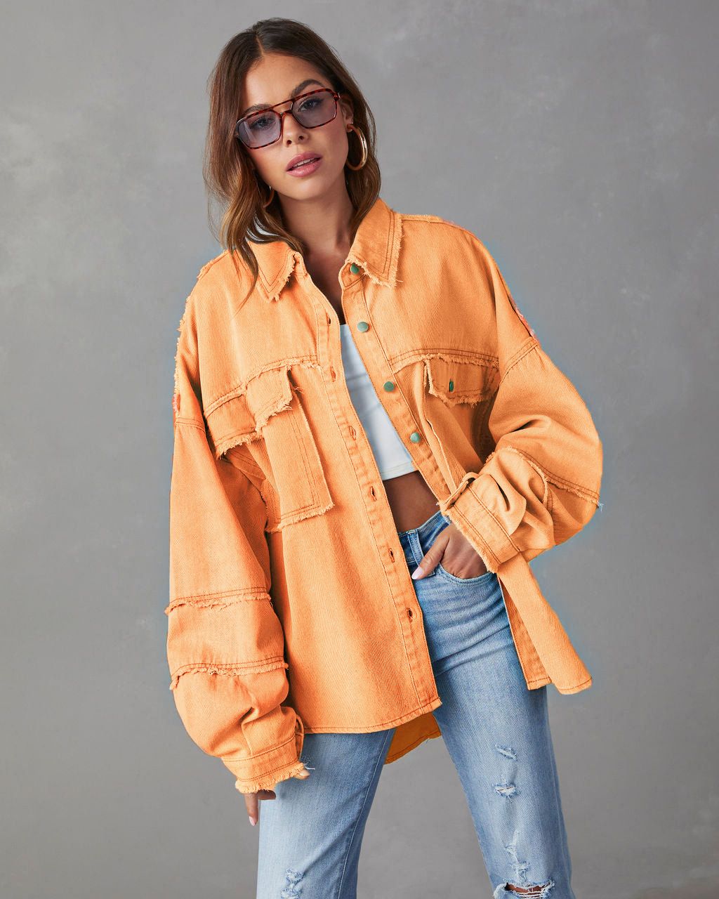 Distressed Denim Jacket Women's Oversized Workwear Coat With Raw Hem & Patchwork Design, Comfortable Casual Streetwear For Fall_ecoleips.com