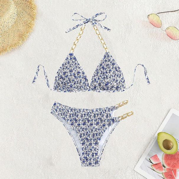 Women's Floral Chain Triangle Bikini Set - European & American Sexy High-Cut Beach Swimsuit_ecoleips.com
