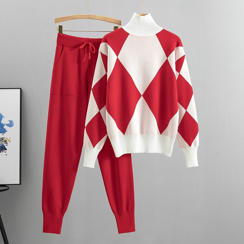 Fashion Suits For Women New Casual Knitted Plaid Sweater Two Piece Suit European Goods Trend_ecoleips.com