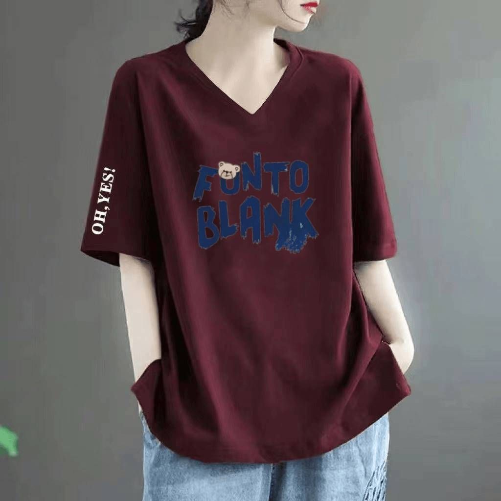 Women's V Neck Short Sleeved T-Shirt Loose Fit Plus Size Slimming Fashionable Printed Top New Summer Style_ecoleips.com