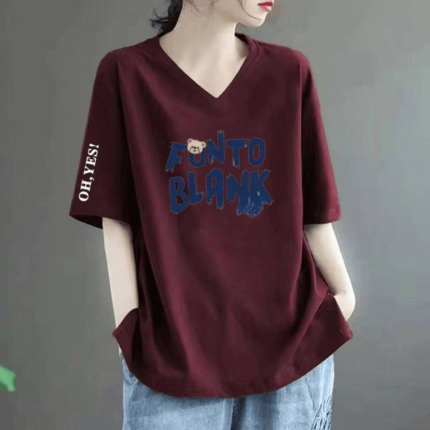 Women's V Neck Short Sleeved T-Shirt Loose Fit Plus Size Slimming Fashionable Printed Top New Summer Style_ecoleips.com