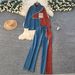 Vintage Hong Kong Style Casual Outfit For Women: Korean Version Color-Block Denim Shirt + High-Waisted Loose Wide-Leg_ecoleips.com