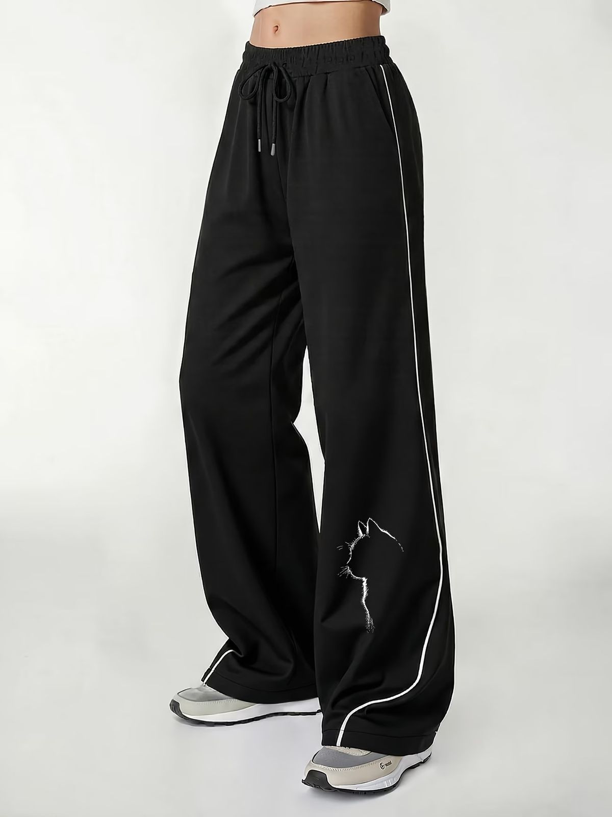 Women's Casual Comfort Wide Leg Pants Loose Fit Starry Sky Kitten Print Spring Autumn Fashion Bottoms_ecoleips.com