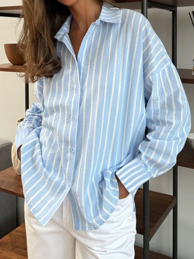 Women's Striped Overshirt Long Sleeve Button Down Shirt Lightweight Linen Blend Open Front Cardigan Loose Fit Boho Chic Spring Fall_ecoleips.com