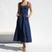 New Soft Denim Camisole Vintage Casual Style Button Denim Dress Long Skirt_ecoleips.com