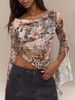 Women's Floral Print Off-Shoulder Top Long Sleeve Slit Flared European American Style Spring New Irregular Top_ecoleips.com