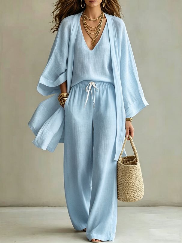 Women's Casual Three Piece Set European American Style Spring Summer Autumn Loose Cotton Linen Mid-Length Cardigan Vest Trousers_ecoleips.com