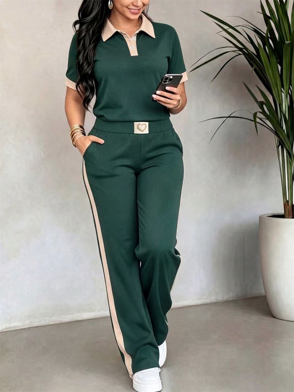 Women's Casual Two-Piece Set Stylish Collared Short Sleeve Top with Contrast Trim And Logo Detail Striped Pants_ecoleips.com