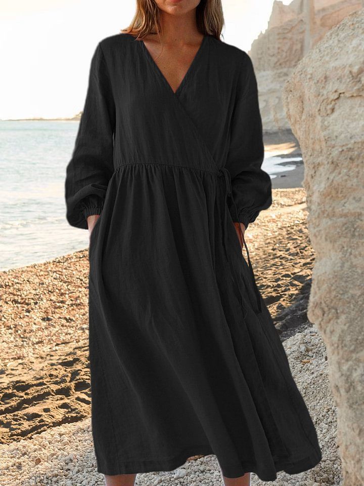 Breathable Linen Cotton Blend Maxi Dress - Loose Fit High Waist A-Line V-Neck Boho Chic Women's Dress In Solid Colors (S-5XL)_ecoleips.com