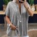 Women's Glitter V-Neck Blouse – Oversized Short-Sleeve Top With Sparkle Details, Elegant & Chic_ecoleips.com
