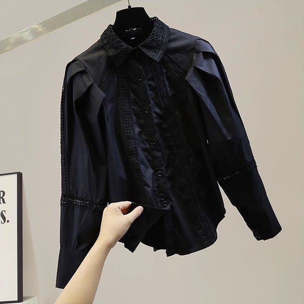 Women's Clothing fashion lace hollow stitching lapel lace decoration lantern sleeve long sleeve shirt fashionable all match top trend_ecoleips.com