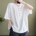 2026 Cover-Up Half-Button Design Women's Artistic Retro Loose Casual Commuting Style Short-Sleeved V-Neck Top_ecoleips.com