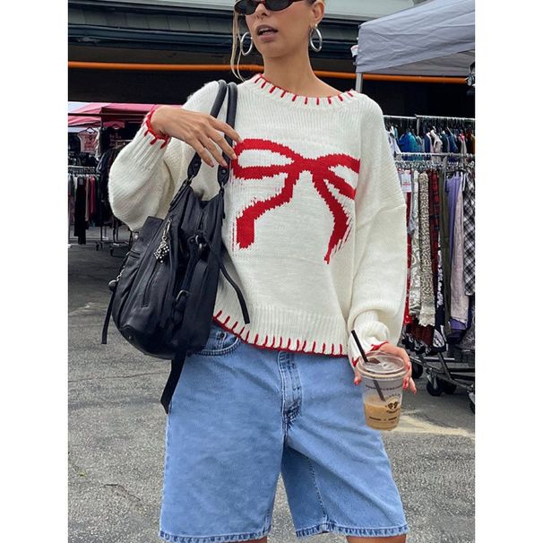 Women's Bow Brocade Sweater Autumn And Winter Lazy Style Loose And Warm Comfortable Pullover Knitwear_ecoleips.com