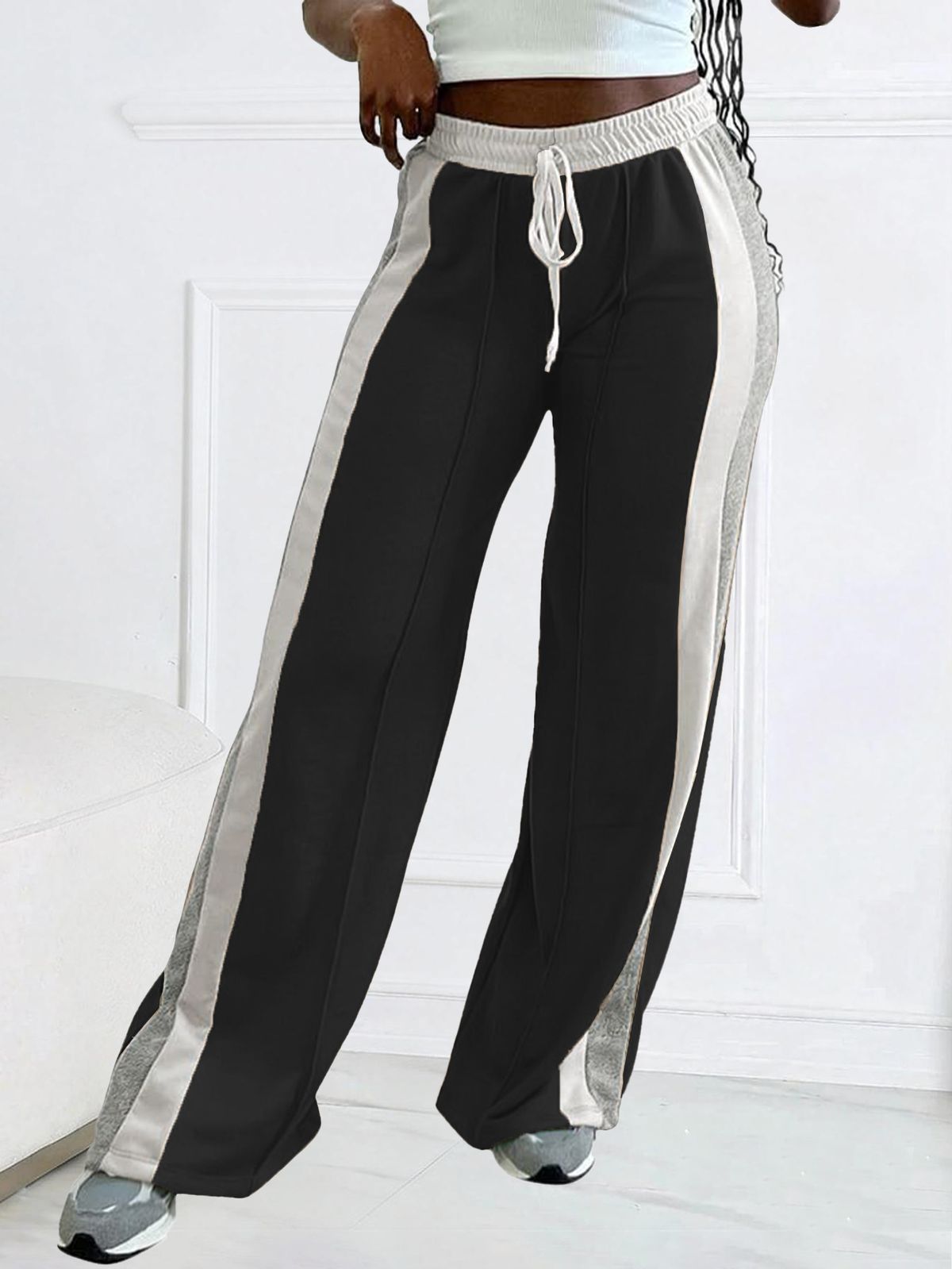 Women's High-Waisted Wide-Leg Pants | Black & White Contrast Flowy Drapery | INS Style Straight-Leg Lounge Palazzo Trousers_ecoleips.com