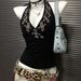 Spicy Girl Yabi Beautiful Back Vest Summer New Black V-neck Embroidered Halter Strap Backless Retro Top_ecoleips.com