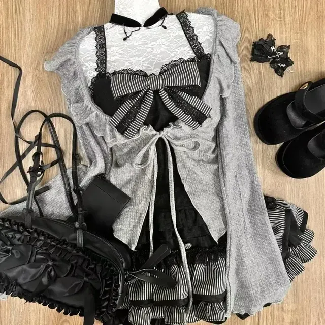 Sweet Lolita Early Autumn Three Piece Set Lace Up Ruffles Cardigan Sexy Slim Fit Strapless Vest Tops High Waist Ruched Skirts_ecoleips.com