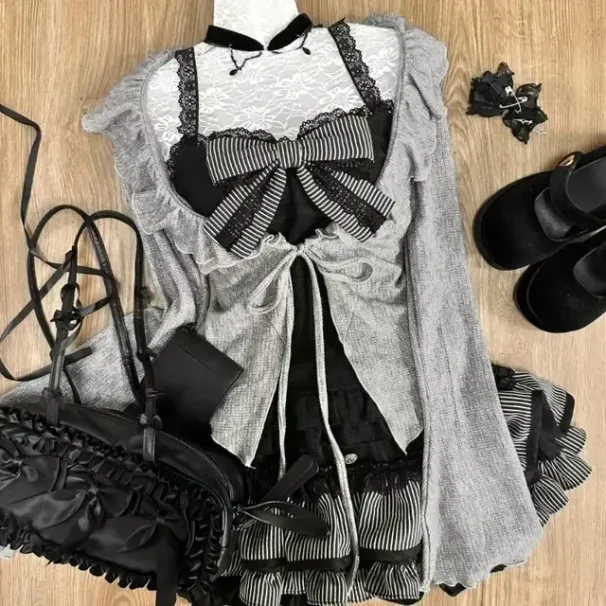 Sweet Lolita Early Autumn Three Piece Set Lace Up Ruffles Cardigan Sexy Slim Fit Strapless Vest Tops High Waist Ruched Skirts_ecoleips.com