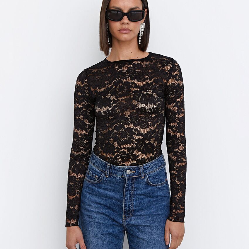 Women's Lace Base Layer Top Fleece Lined Mesh Long Sleeve Stylish Short Inner Layer Spring Collection Sexy_ecoleips.com