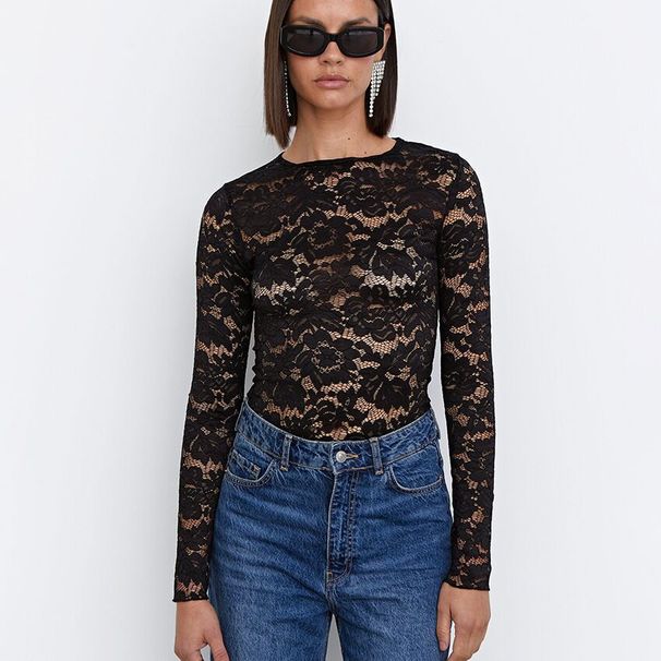 Women's Lace Base Layer Top Fleece Lined Mesh Long Sleeve Stylish Short Inner Layer Spring Collection Sexy_ecoleips.com