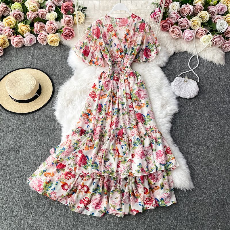 Women's Slimming Waist Super Fairy Temperament V-neck Floral Dress_ecoleips.com