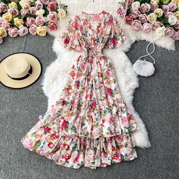 Women's Slimming Waist Super Fairy Temperament V-neck Floral Dress_ecoleips.com