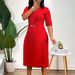 Elegant V-Neck Pleated A-Line Midi Dress For Women - Stylish High Waist Flowy Dress With Belt, Polyester Blend, Office & Casual Wear (S-XXXL)_ecoleips.com