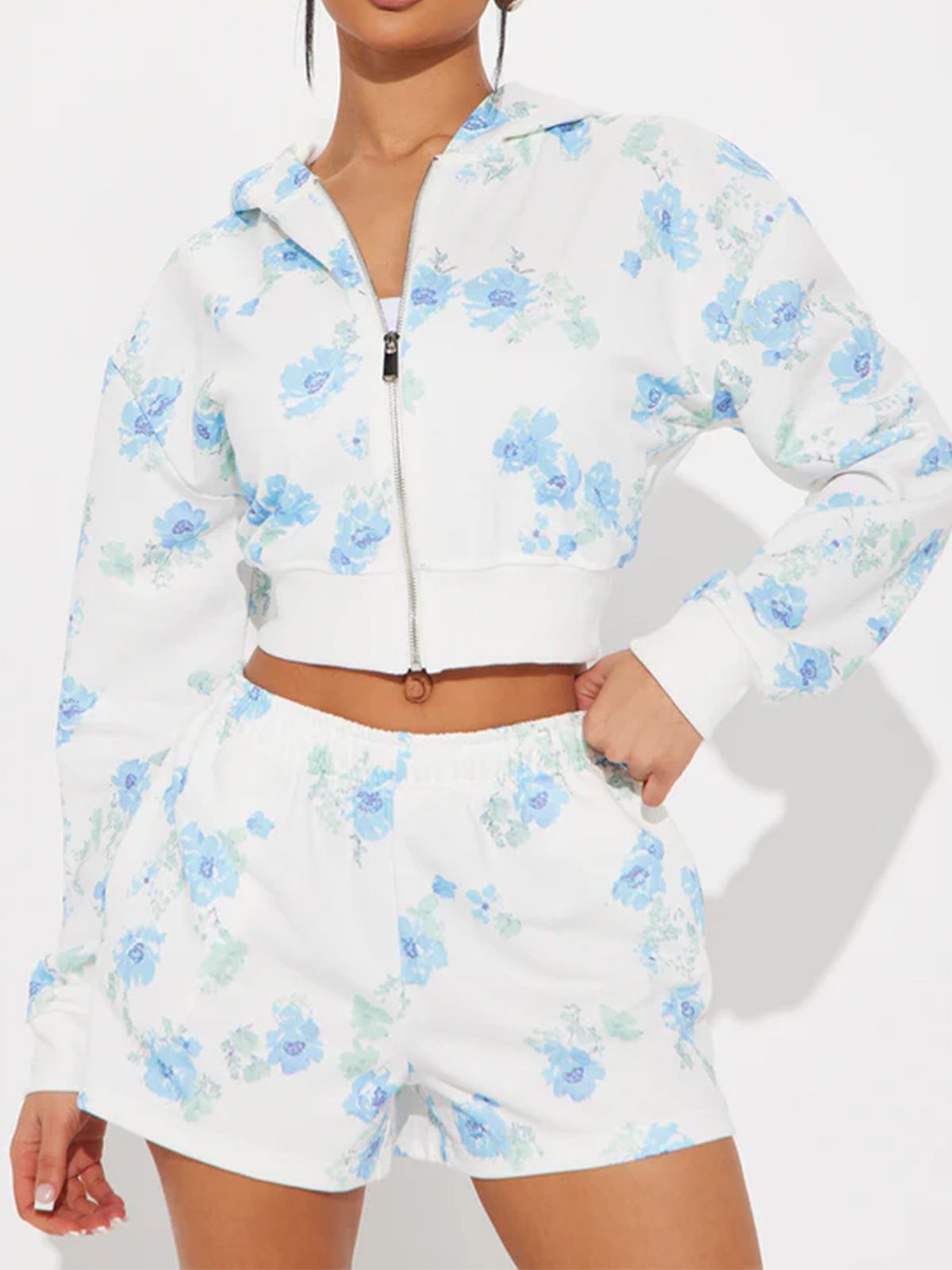 Women's Casual Sportswear Set Autumn Hooded Zipper Long Sleeved Floral Elastic Waist Jogging Shorts_ecoleips.com