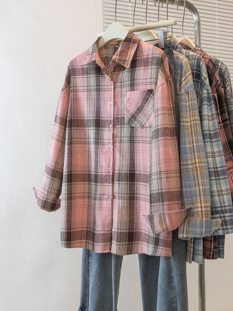 Women's Vintage Loose Fit Plaid Shirt – Casual & Slimming Oversized Checkered Blouse (S-XXL, Blue/Pink/Burgundy)_ecoleips.com