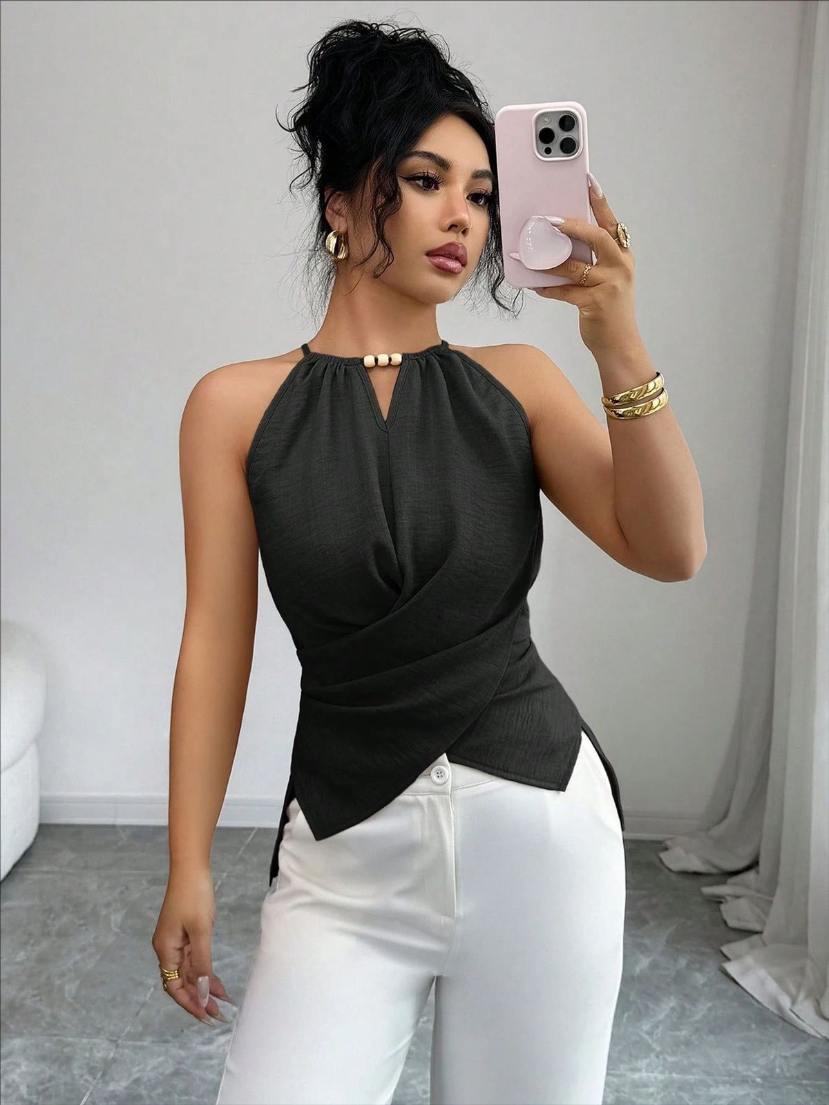 Women's Halter Neck Crossover Sleeveless Top, Slim Fit Solid Color Casual Blouse For Elegant Daily Wear_ecoleips.com